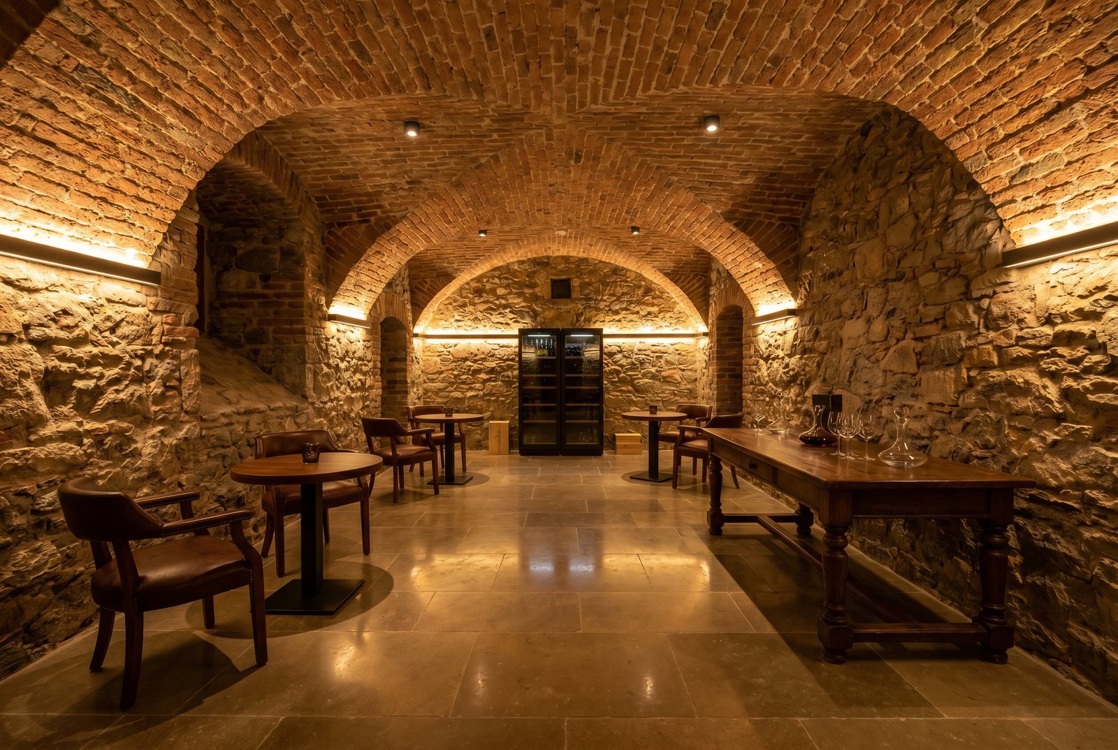 Restored vaulted brick cellar furnished as a wine-tasting room