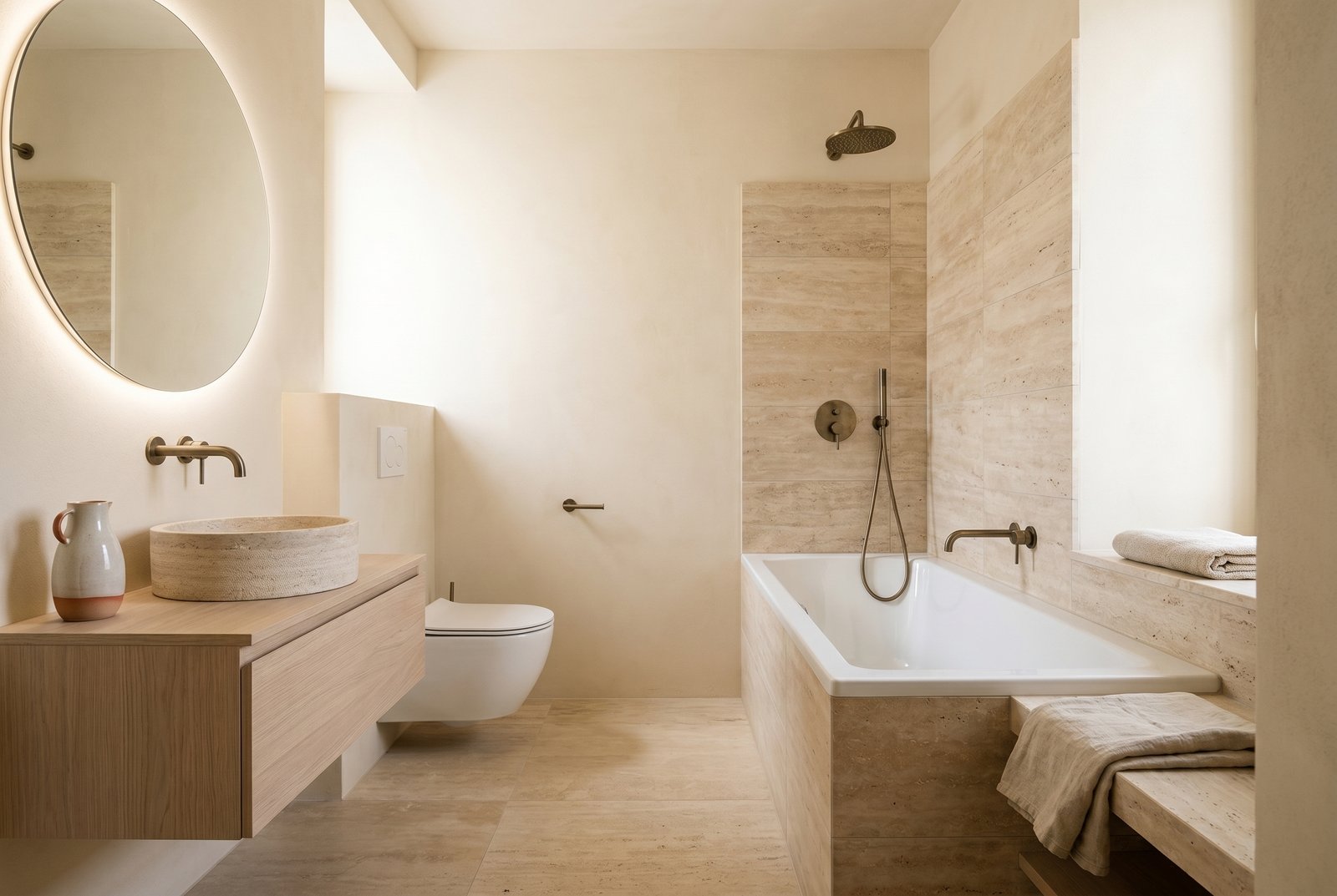 En-suite bathroom with oak vanity, mirror and walk-in shower