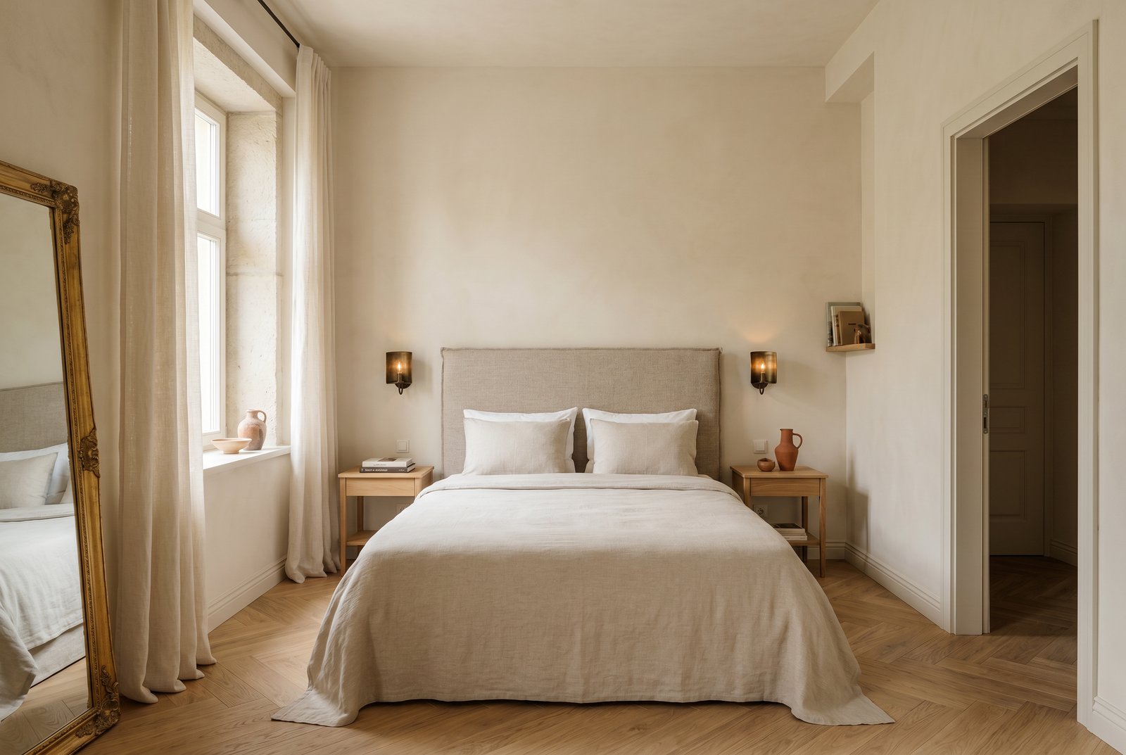 Bedroom with double bed, oak floor and tall window