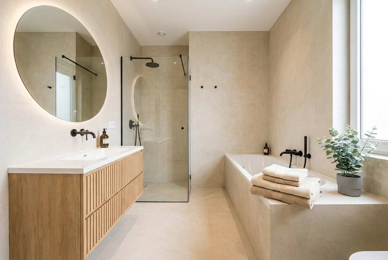 Bathroom with beige microcement walls, oak vanity, oval mirror, bathtub and walk-in shower