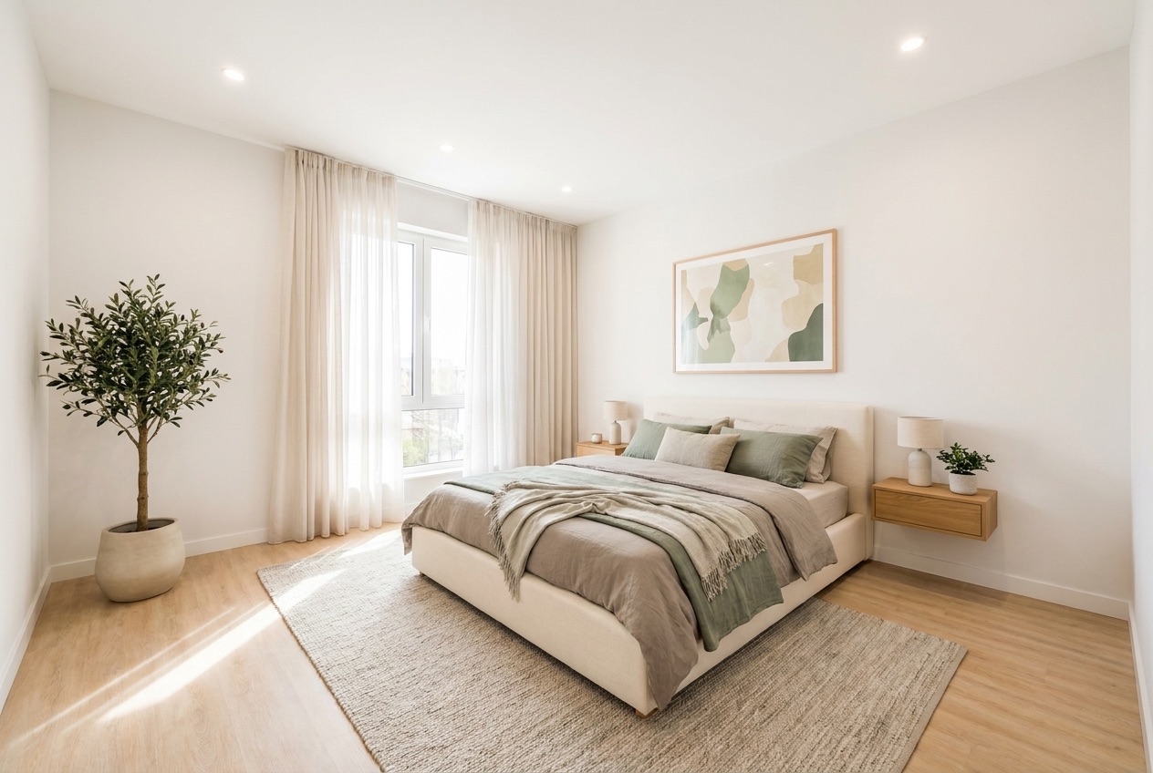 Principal bedroom with upholstered bed, sage-green bedding, oak floor and sheer curtains