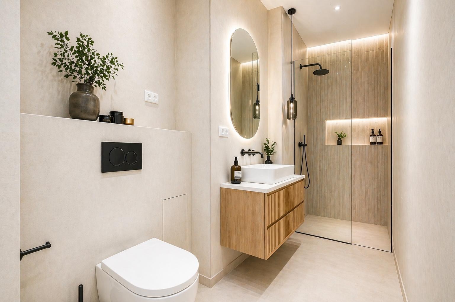 Bathroom with microcement walls, oak vanity, backlit oval mirror and walk-in rain shower